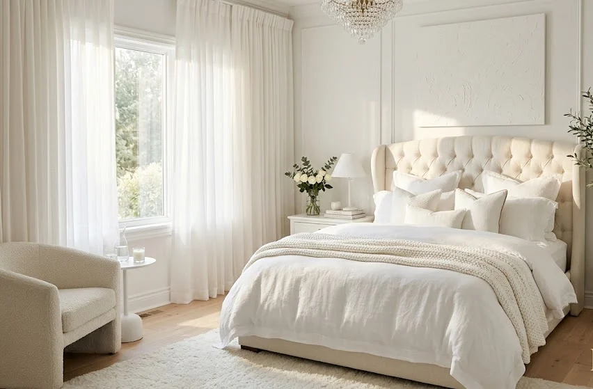 All-White Monochrome Bedroom with Spa-Like Elegance