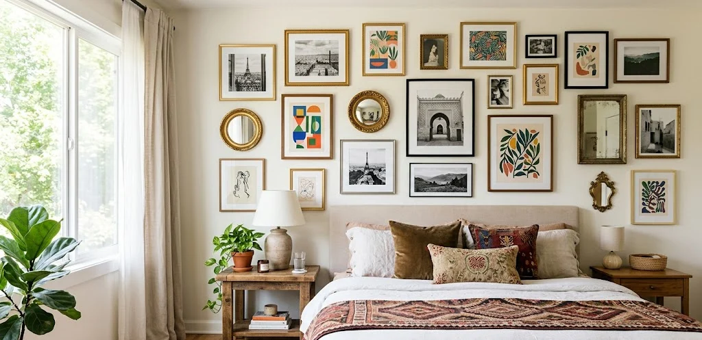 Beautiful eclectic bedroom gallery wall with framed artwork