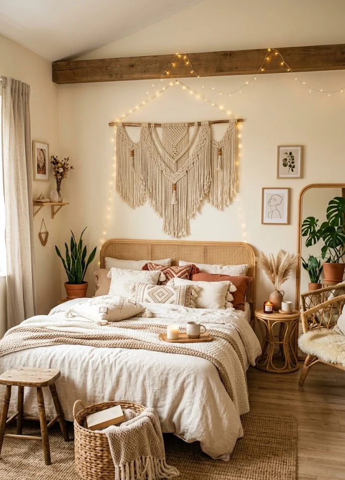 Boho Bedroom with Fairy Lights