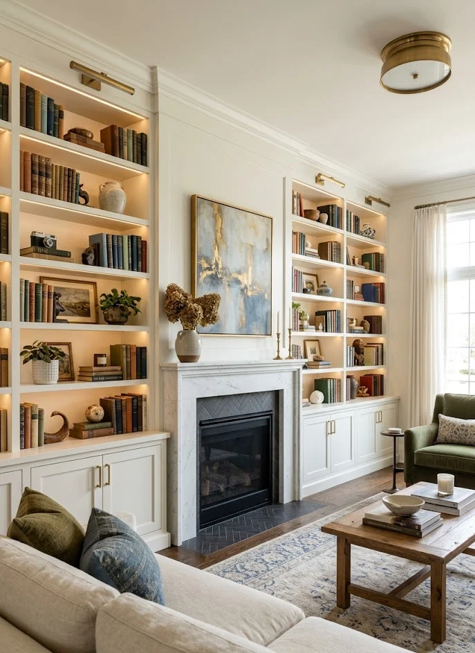 Built-In Shelves Around Fireplace