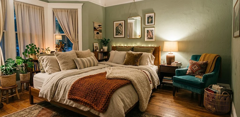Cozy eclectic bedroom featuring linen bedding