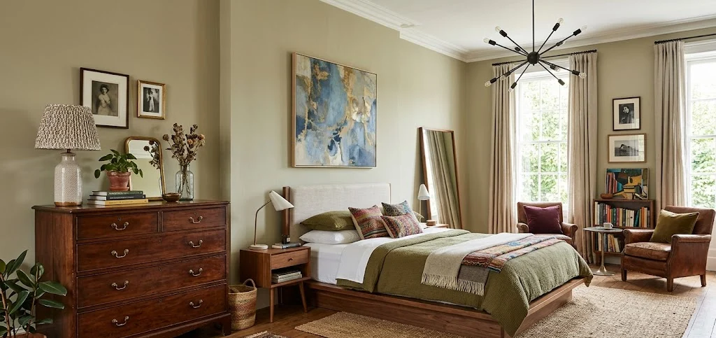 Eclectic bedroom featuring a vintage wooden dresser,