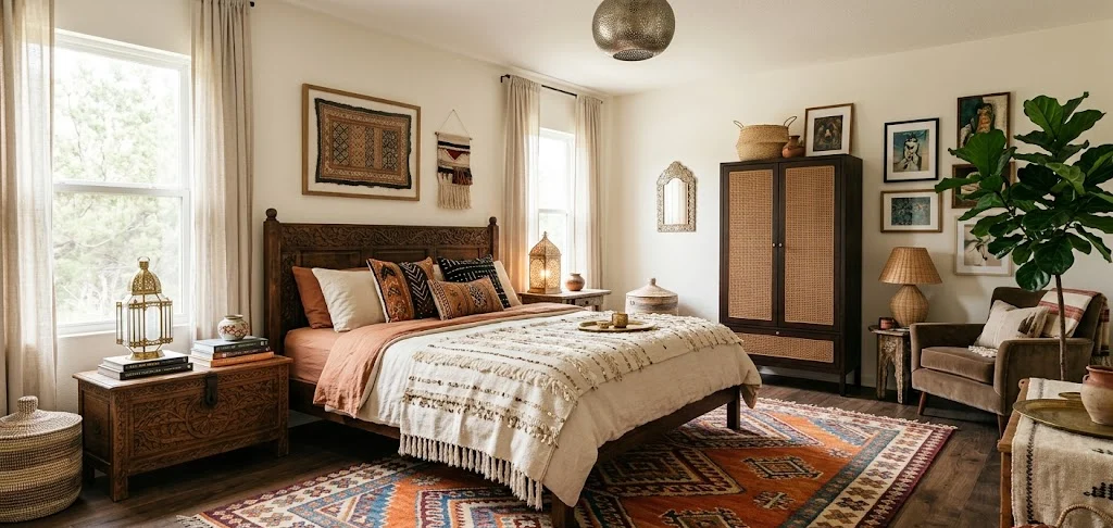 Elegant eclectic bedroom with a Moroccan rug