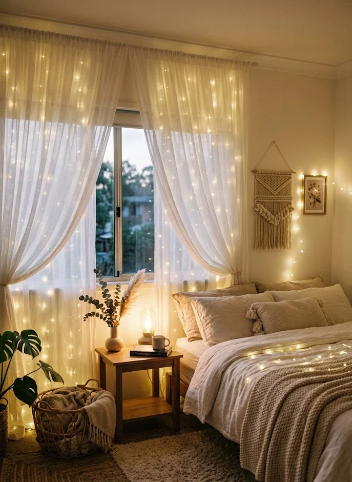 Fairy Lights Behind Sheer Curtains
