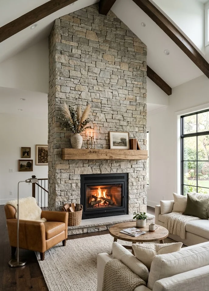 Floor-to-Ceiling Stone Fireplace Transformation