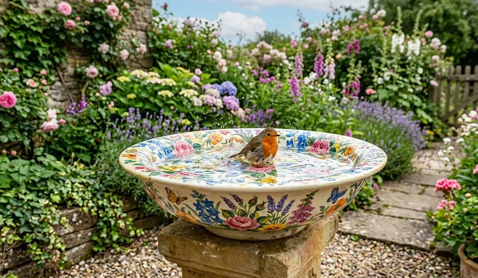 Hand-Painted Floral Art Bird bath