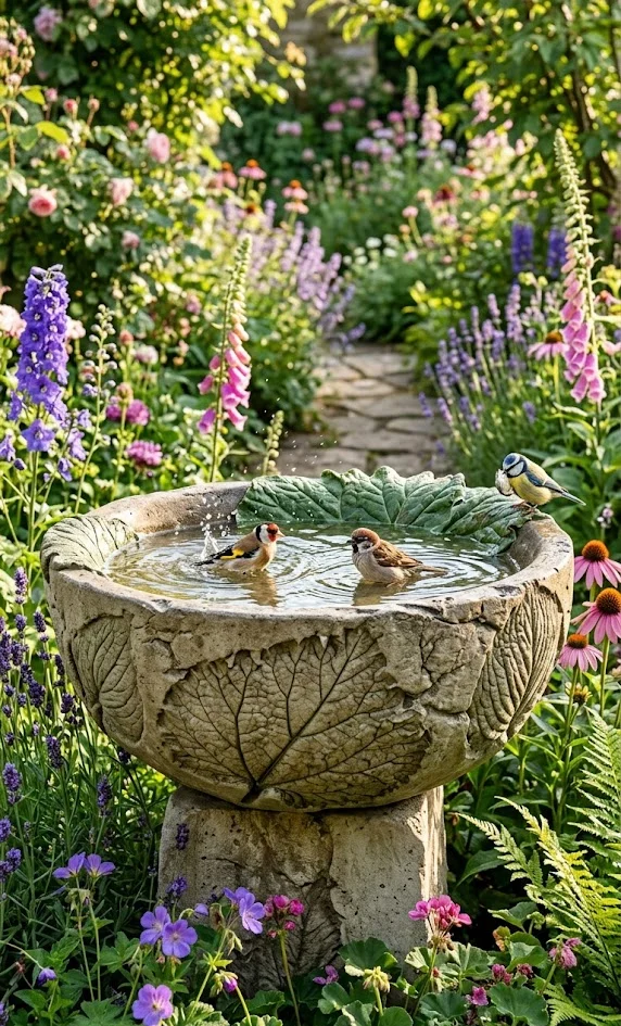 Leaf-Stamped Concrete Bird Bath