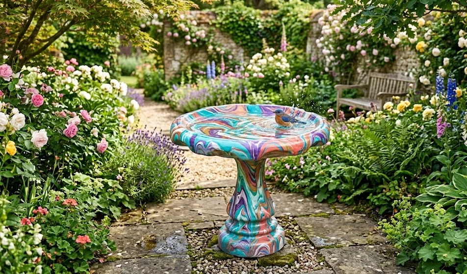 Marbled Paint Pour Bird Bath