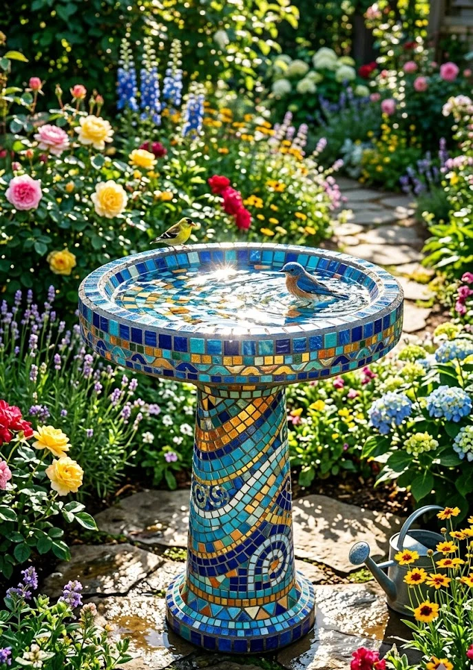 Mosaic Tile Concrete Bird Bath