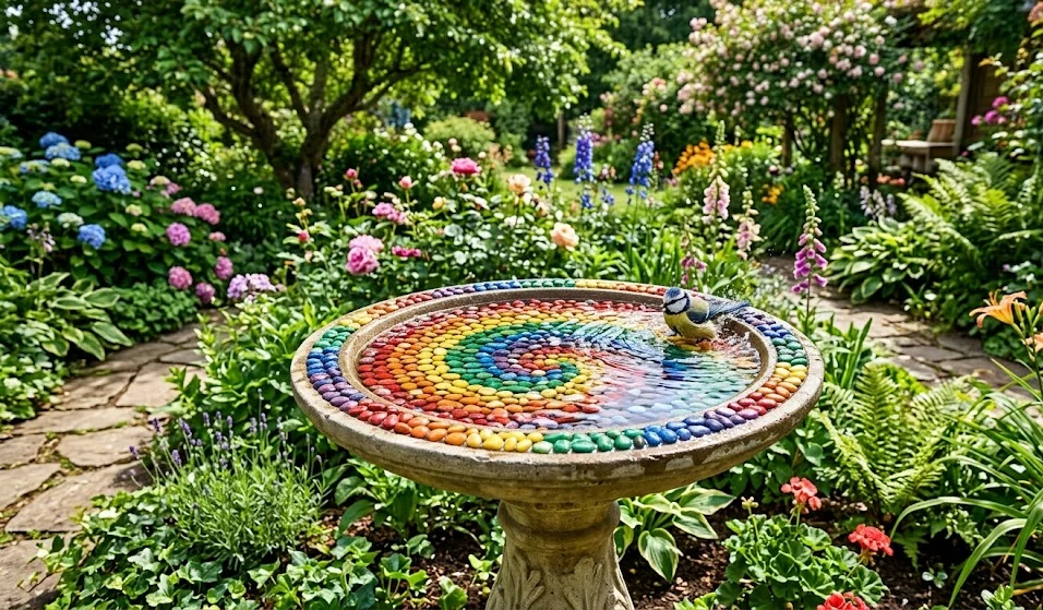 Rainbow Pebble Mosaic Bird Bath