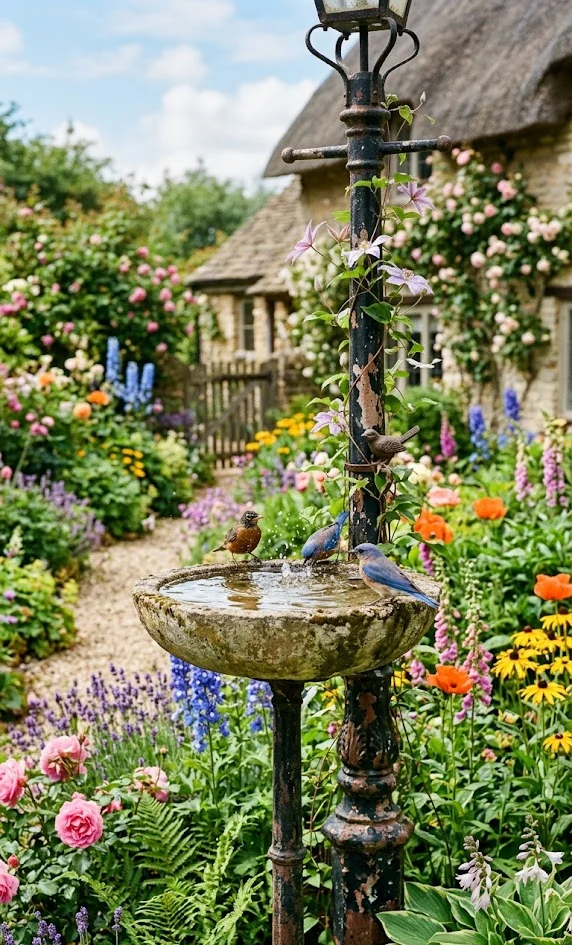 Reclaimed Lamp Post Concrete Birdbath