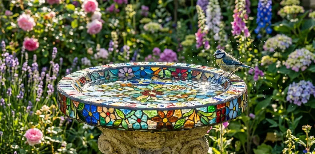 Stained Glass Garden Bird Bath