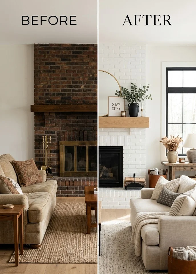 White Painted Brick Fireplace Makeover