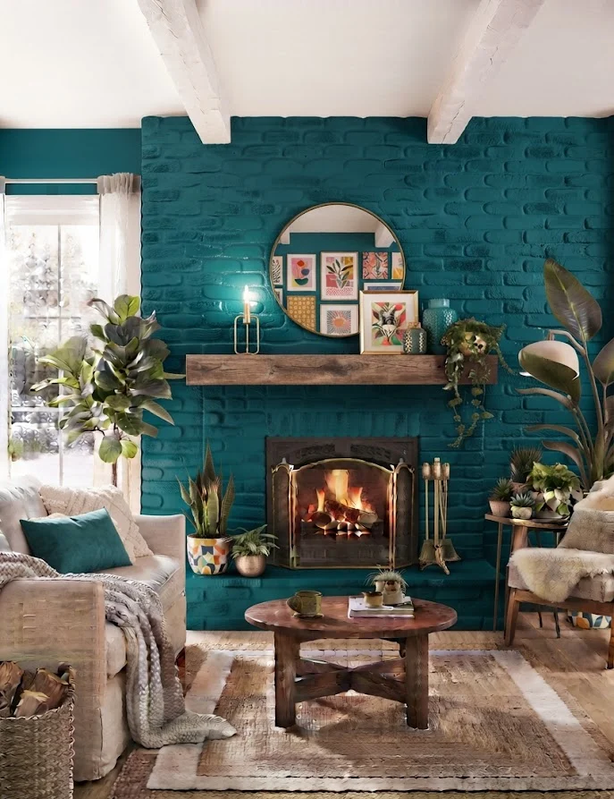 Bold Teal Fireplace
