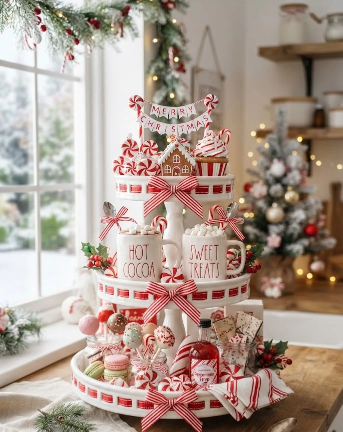 Candy Cane & Peppermint Christmas Tiered Tray