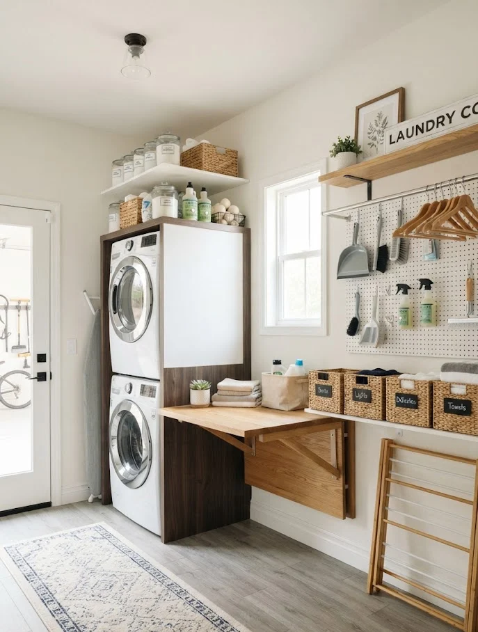 Compact Laundry Area with Fold-Down Folding Station