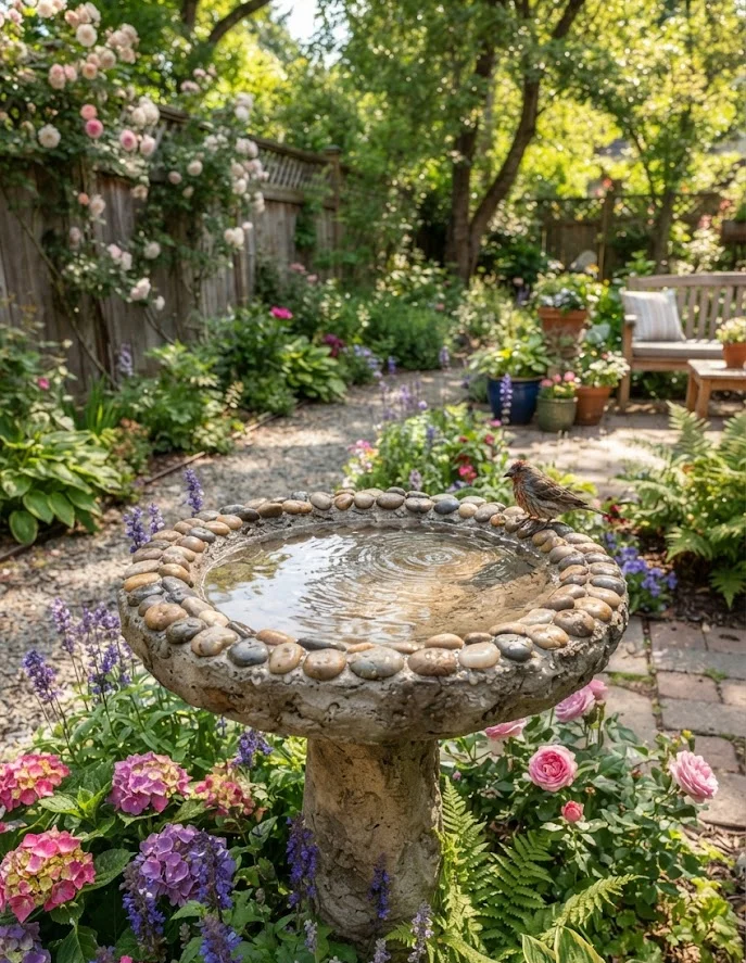Concrete Bird Bath with Pebble Rim