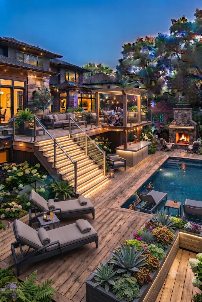 Contemporary Split-Level Deck with LED Lighting