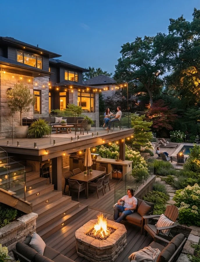 Cozy Split Level Deck with a Fire Pit