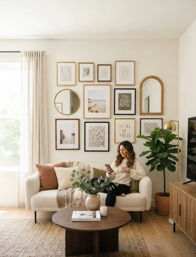 Gallery Wall with Art and Mirrors
