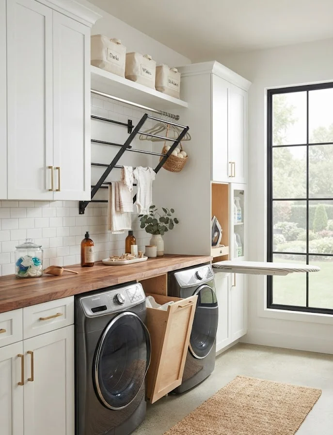 Garage Laundry Room with Drying Rack and Ironing Station