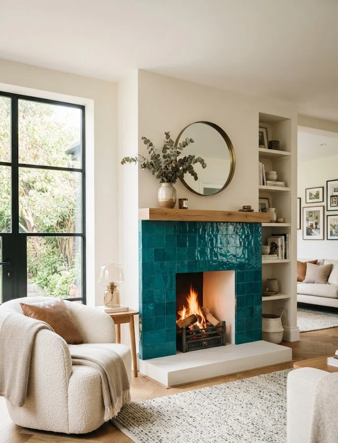 Glossy Teal Statement Fireplace