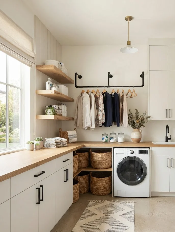 Laundry Area with Hanging Rods for Easy Air Drying
