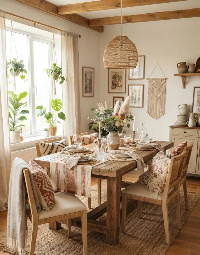 Layered Textiles for a Cozy Bohemian Dining Room
