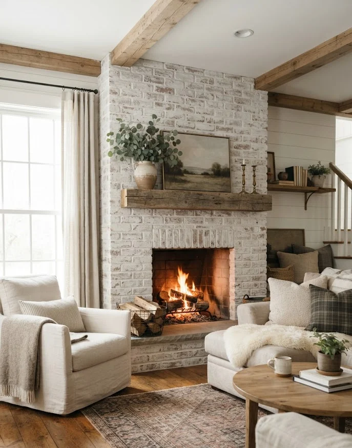 Limewashed Brick Fireplace