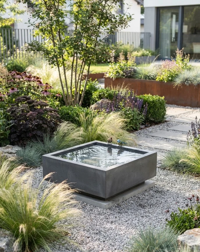 Modern Square Concrete Bird Bath