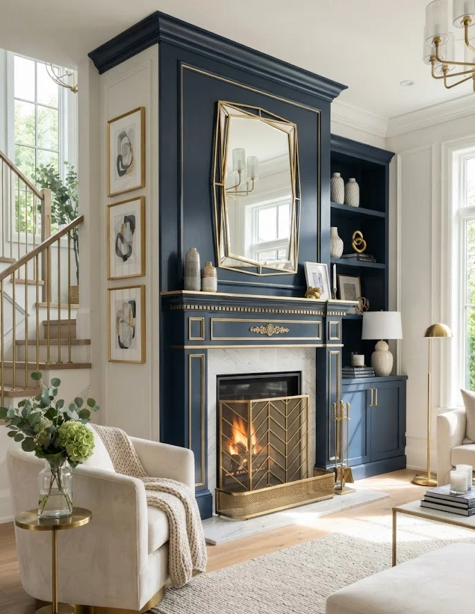 Moody Navy Blue Fireplace