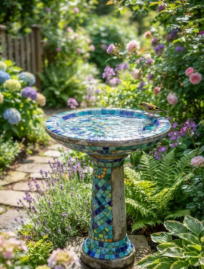 Mosaic Concrete Bird Bath
