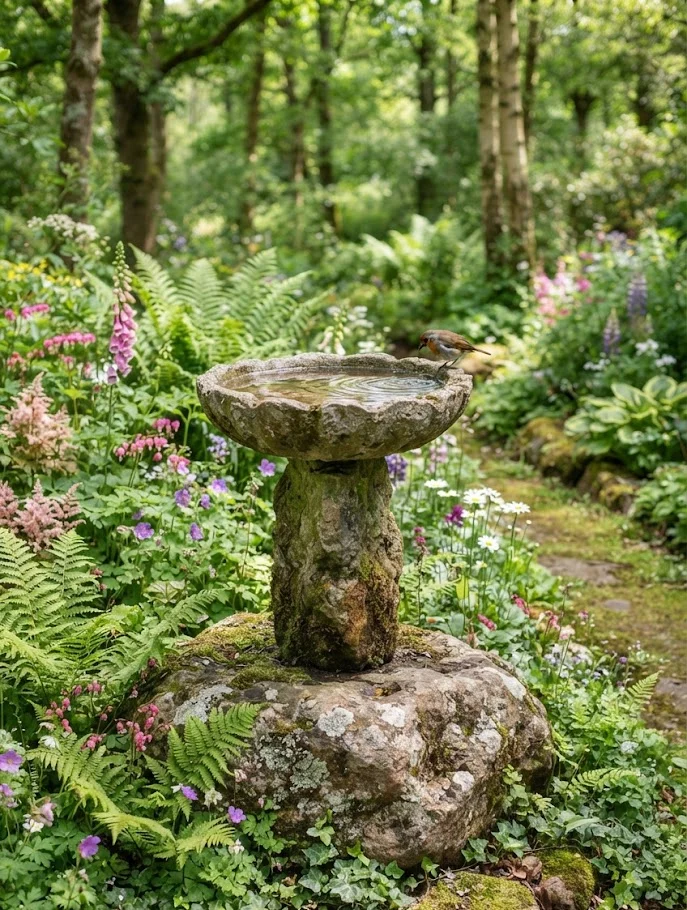 Natural Rock Concrete Bird Bath