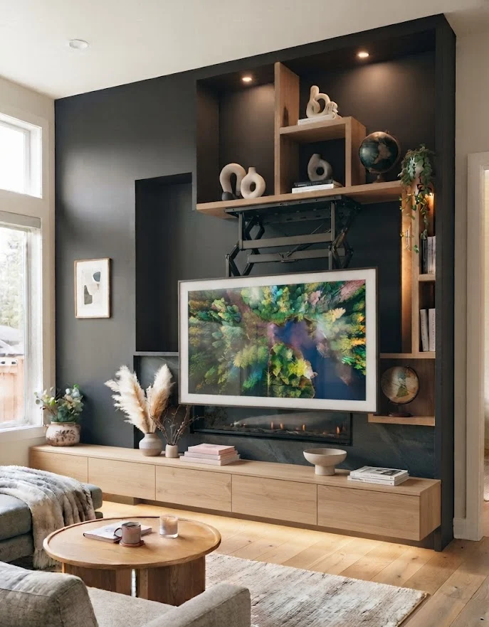 Pair a Floating Media Console with a Side Fireplace