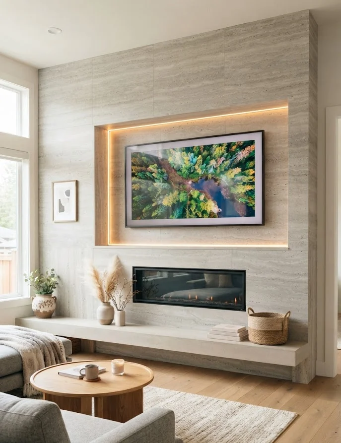 Pair the TV with a linear fireplace.