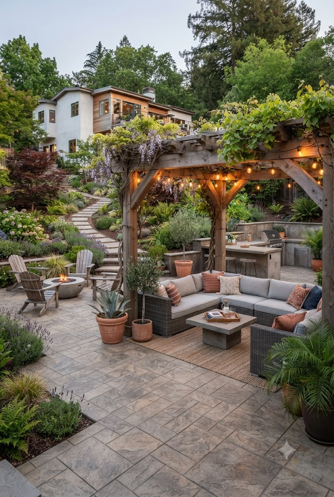 Pergola-Covered Stamped Concrete Patio