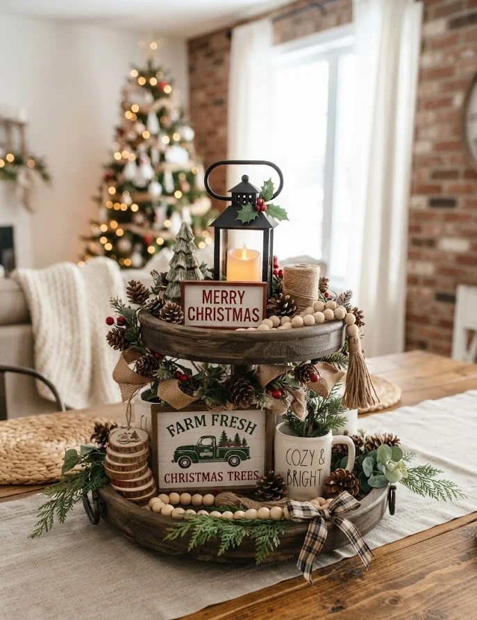 Rustic Farmhouse Christmas Tiered Tray
