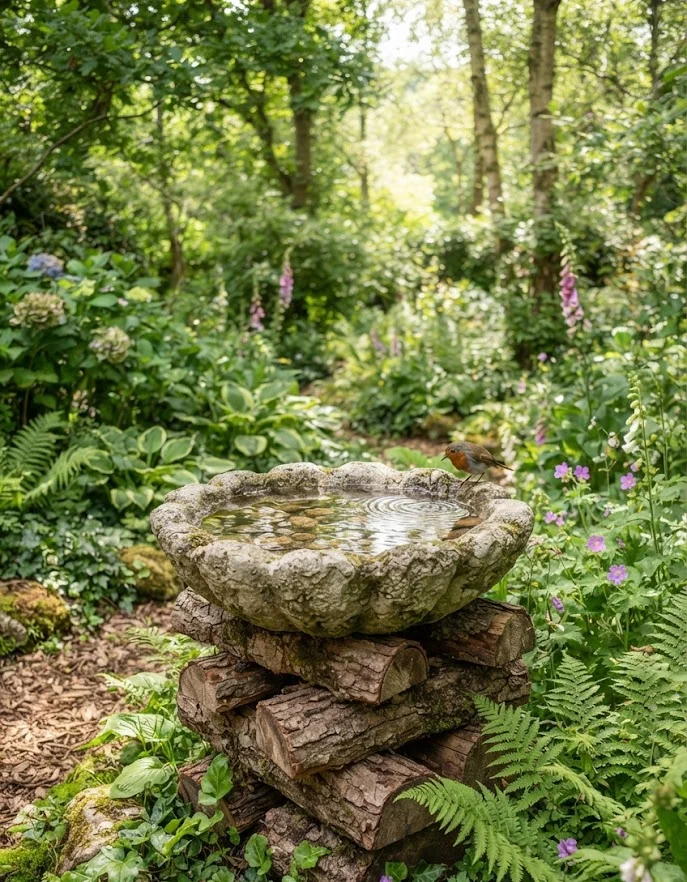Rustic Log Base Concrete Bird Bath