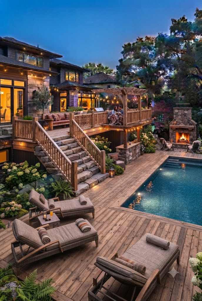Rustic Split Level Deck with Stone Accents