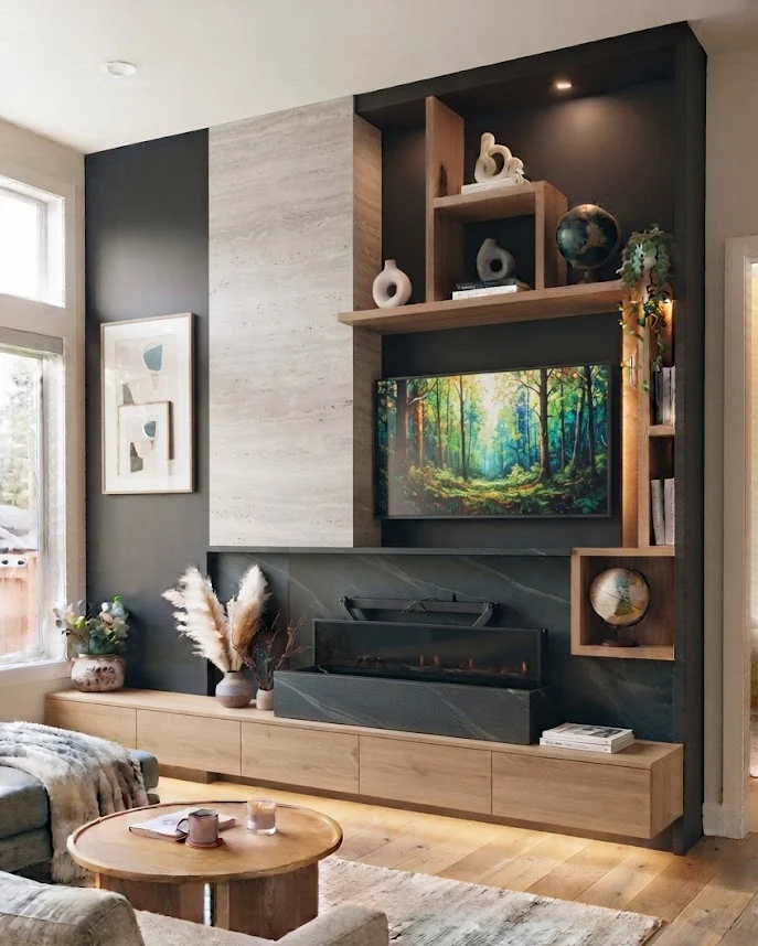 Separate the Fireplace and TV with a stone feature column.