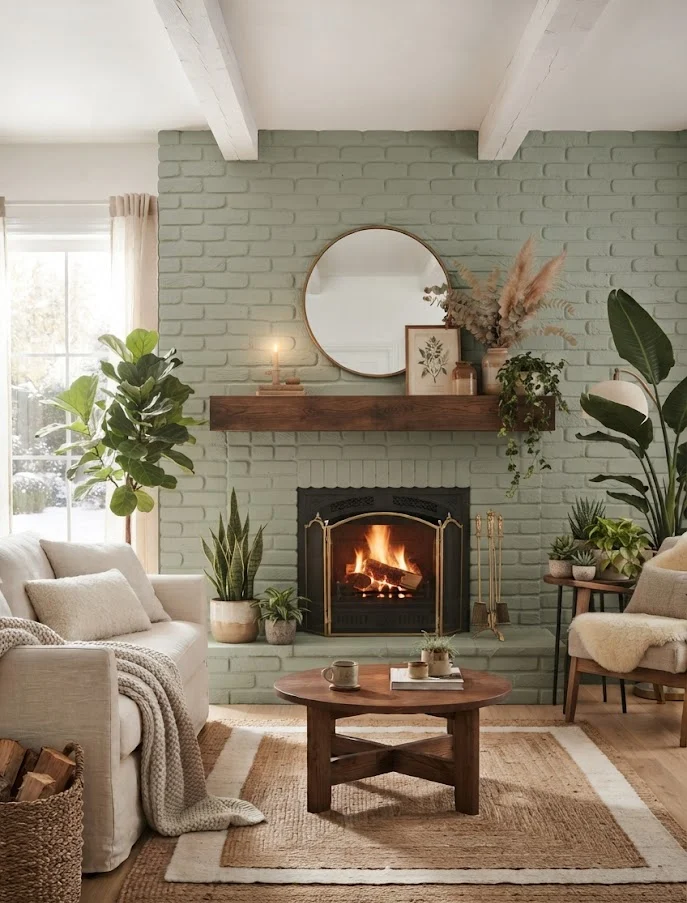 Soft Sage Green Fireplace