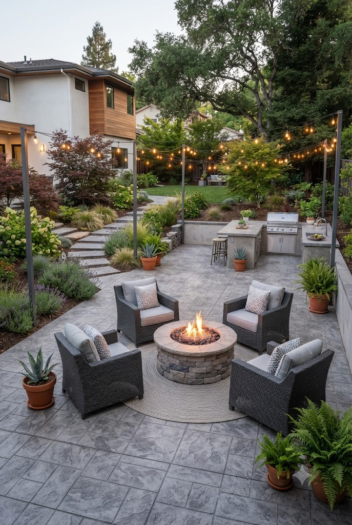 Stamped Concrete Patio with a Fire Pit