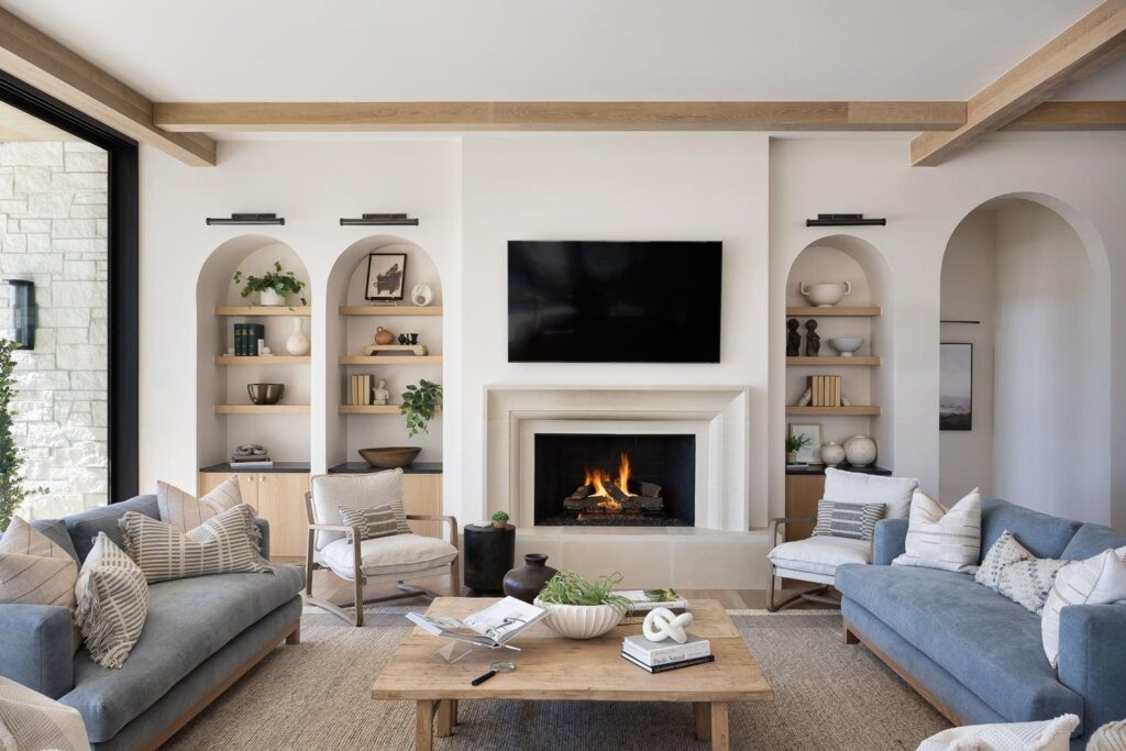 Symmetrical Seating-Focused Fireplace TV Wall