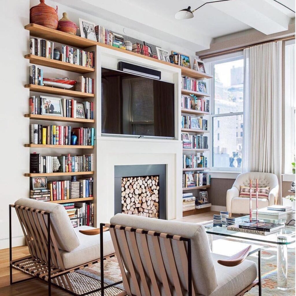 Built-In Bookshelf Fireplace TV Wall